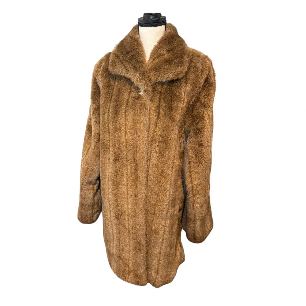 Alpine Studio Womens Faux Fur Coat Brown Mid Length Jacket Small Mob Wife Y2K